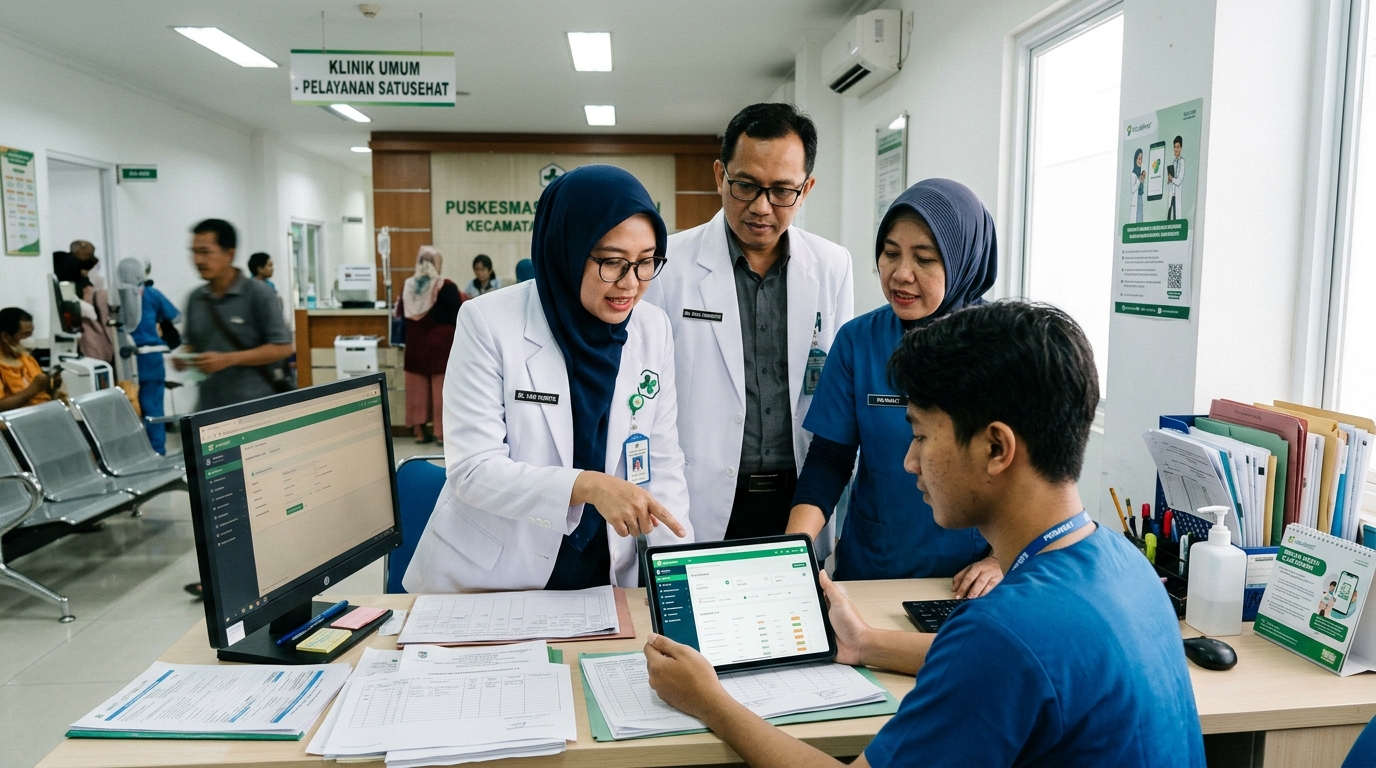 Tenaga medis Puskesmas memeriksa rekam medis elektronik SatuSehat menggunakan tablet komputer