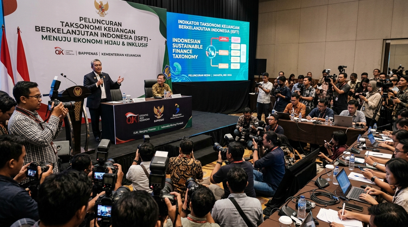 Konferensi pers peluncuran Taksonomi Keuangan Berkelanjutan Indonesia oleh OJK dan Bappenas di Jakarta